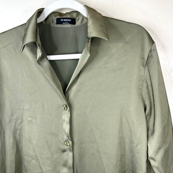 The Workshop Sage Green Button Front Loose Fit Long Satin Blouse Shirt Small - Picture 5 of 9